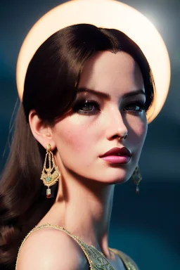 Young business woman, dark brown hair, elegant hair, blue eyes, gold hoop earrings, waist up portrait, 8k resolution, intricate details, ornate details, soft lighting, vibrant colors, retroanime, masterpiece, realistic, intricate eyeliner, dark eyeshadow, eyes,futuristic cityscape background