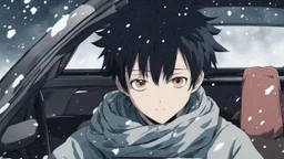 Megumi Fushiguro | Jujutsu Kaisen a guy with disheveled black hair an anime character is sitting in a car wearing a scarf. It's snowing outside and it's nighttime. Everything is pale and dreary