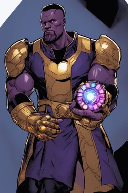 A sporty looking man with With a serious his face while holding Thanos' gantlet K's infinity gauntlet has six infinity stones