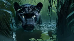 A black panther looking down in water inside a jungle.