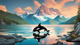 Norwegian fjord mountains desktop background image beautiful lake vintage poster in the style of USA national park posters clouds colorful orcas