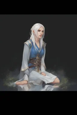 Dnd character on her knees. A female Aaismar twilight cleric with white hair and blue eyes, wearing gray robes. Etreal, beautiful, sexy, split dress