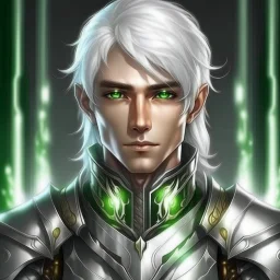 Please create an image for a young elven male with light brown skin, silver hair, and green eyes. He is accompanied by a metallic robot