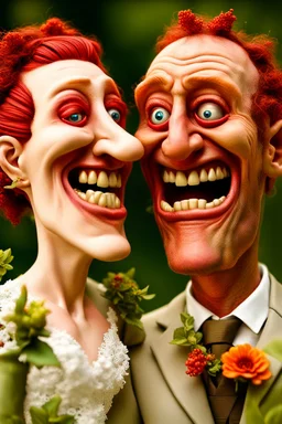 aPrompt : a hyperrealistic color photograph close up portrait of an ugly the bride and groom with deformed teeth that smile in a garden. goofy, happiness, joy, silly, deformed nose, giddy, broken teeth, missing teeth, abnormal eyes, big eyes, red-haired . Generator : Mage.space Model : SDXL 1.0 goblin mage inspecting a relic, art by Beatrix Potter