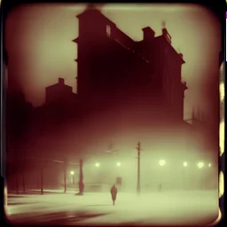 Dark street creepy fog colours strong texture artistic polaroid volumetric light nightmare Yves Tanguy