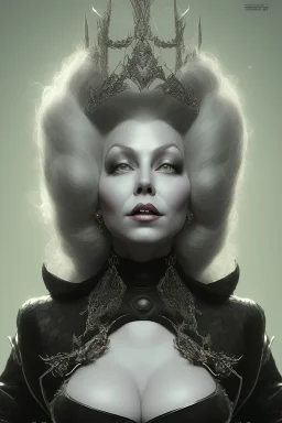 Mae West as evil queen in black leather, leather, busty, cleavage, angry, stern look. character design by cory loftis, fenghua zhong, ryohei hase, ismail inceoglu and ruan jia. unreal engine 5, artistic lighting, highly detailed, photorealistic, fantasy