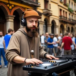 A short brown beard DJ with a hat on his head, sing at microphone, many electronic consoles around, play middle street of medieval city, FRONT VIEW