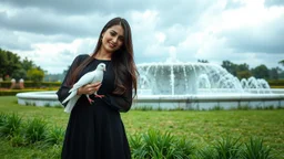 Hyper Realistic Photographic View Of A Beautiful Young Pakistani Pashto Woman (With Beautiful Long Black Hair) Wearing A Beautiful Black Dress Happily Holding A White Pigeon And Standing With Green Grass With A White Marble Water Fountain Behind Her At Beautiful Cloudy Day Showing Dramatic And Cinematic Ambiance.