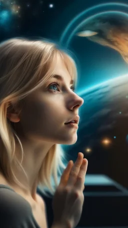 beautiful girl with blond hair dreaming of a space world and can see a man reflect in the space