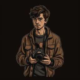 Brown haired stoic man with casual 90s clothes and a camera grimdark art