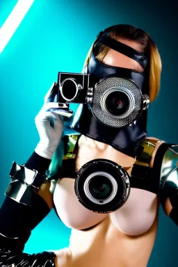 Metallic Cyber-punk style camera-mask. Large fencing mask covers cheeks. Trim girls. Reflective plastic body surface, skin, full-coverage. Head full of integrated old-fashioned cameras and old telephones. Golden to cyan surfaces body. Perfect body, thick thighs and calves. Selfie, Selfies, old-fashioned cameras, mirror. Wide hip. Partly symmetrical. Camera lenses cover the most of the body. Mathematical equations, Euclidean 3D-tiling, Escher tiling. Soviet propaganda. 1990's