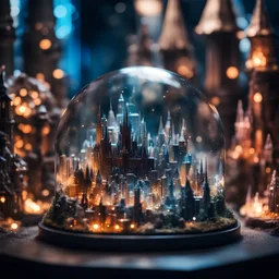 close up of an extremly detailed medieval crystal city in a glass terrarium, sharp focus, high contrast, dark tone, bright vibrant colors, cinematic masterpiece, shallow depth of field, bokeh, sparks, glitter, 16k resolution, photorealistic, intricate details, dramatic natural lighting