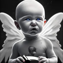 bw,a sad human baby artist called tobias leander with no hair,halo, wings, drinking, sitting in chair, photo realistic spray painting, book cover illustration