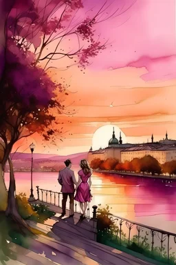 romantic, city panorama vienna, charakterictic architecture, watercolor, two people, sunset, river, big tree, purple, proporsal