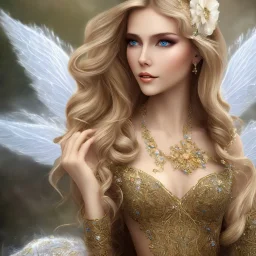 fantasy fairy with wings, smiling, make up, long blond hair