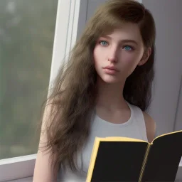 Study girl, curl hair read a book in by the window, ultra detail, real photo realistic, unreal engine, cinematic lighting --ar 1:1 creative