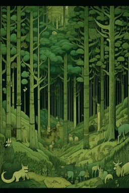 A dark green kingdom in a forest with animals designed in Bayeux tapestry painted by Giovanni Battista Sassi