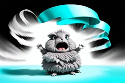 cute dust bunny fizzgig being swept into a magical wind vortex, fluffy gray detailed fur texture, dirty, oversized expressive eyes, open mouth panic afraid expression, dynamic diagonal motion pose, limbs reaching forward, body tilted in perspective, sense of speed and motion, flowing translucent teal and aqua wind ribbons, spiraling air currents forming a curved arc, soft tornado funnel in the top corner, painterly semi-transparent wind, 3d puppet