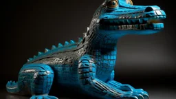 A cyan water elemental crocodile designed in Kuna molas painted by Lucas van Leyden