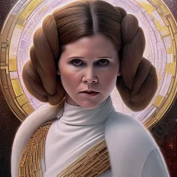 hyperspace background, complete and photo realistic detailed head to waist stunning photo realistic portrait of carrie fisher as Princess Leia in star wars with photo realistic updo hair by Mandy Jurgens and mucha and Richard Schmid and chuck close and chie yoshii, extraordinary and detailed ceremony dress of star wars,brown eyes