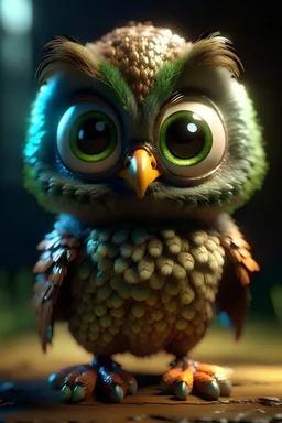 A cute and cuddly chibi owl-pheasant-peacock hatchling creature, showcasing a unique blend of species. This adorable creature has huge, beady eyes and swampy feathers, giving it an endearing and mysterious aura. It resembles a Furby™ with its soft and plush appearance. The 3D Octane render features volumetric lighting that adds depth and dimension to the creature's features. This imaginative and kawaii creature is sure to captivate the hearts of viewers.
