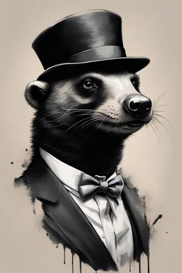 gentelman honey badger banksy style more detail to face portrait with hat & bow tie while evil smile wanna see his sharp teeth