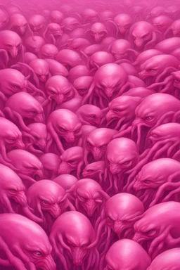 Hyperrealistic portrait of an army of zergling intricately detailed in a pink color