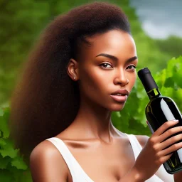 photo of a beautiful mixed race woman holding a bottle of wine, outdoors, photorealistic, ultra-detailed