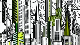 A grayish green loud city with towers painted by Roy Lichtenstein