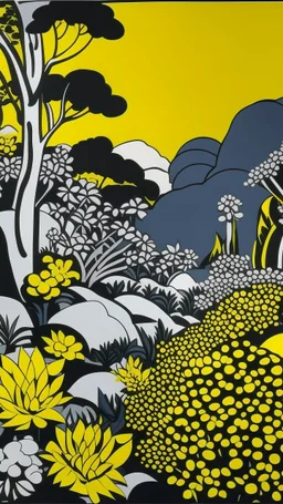 A dark yellow rocky garden with gibbons painted by Roy Lichtenstein