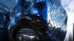 Futuristic building with a facade made of steel and glass scales, reflecting light and creating unique visual effects. Its avant-garde design evokes the image of a living entity with a metallic and transparent skin.