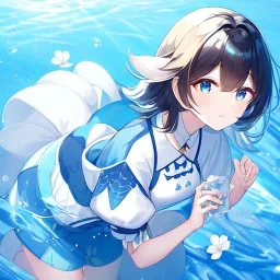 Clear focus,High resolution, Black short fluffy hair, and blue eyes, wearing a light blue short skirt with a white flower pattern near the bottom, Wearing light yellow cut sleeves that have white long flaps under it with a flower pattern near the end, wearing a white collar, water in the background