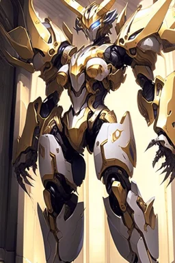 a gandam in a building, concept art of omegamon, arasaka mech, from arknights, intricate assasin mecha armor, mecha art, mecha anime, barbatos mobile suit, the golden humanoid robot, anime mech armor, modern mecha anime, beautiful gold saint, mecha, cgsociety 9