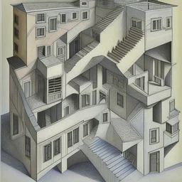 A building in 3 axis with stairs upside down and in several spacial dimensions and directions by artist "Escher" and "Tichenor"