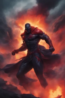 the Phantom, Strong, athletic physique, action poses, battle scars, blood, foggy, cloudy background, multicolored lightning, flowing lava, Full Eclipse, aliens, explosions, bright, vibrant, extremely colorful, detailed, blood red skies