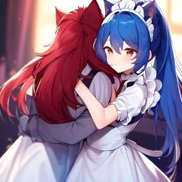 Clear Focus, High resolution, wearing a maid uniform, fluffy hair and a long ponytail, blue hair, cat ears, meowing, hugging another girl with red long fluffy hair also wearing a maid outfit, looking at you