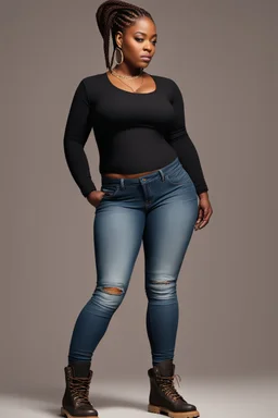 Create a digital image of a curvy black female wearing tight cut up jeans and a black tshirt with timberland boots. Prominent make up with hazel eyes. Highly detail two cornrows going down her head.