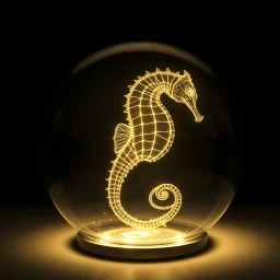 3d hologram of a seahorse made entirely out of light beams transmitted into a futuristic glass globe, shimmering translucent electric glowing lines, chiaroscuro, black background, contoured 3D hologram art,