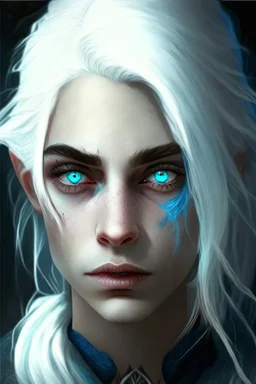 hauntingly beautiful character for dnd, young woman with white hair and blue eyess