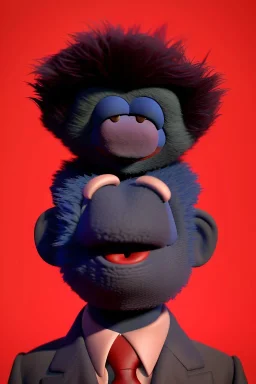 Waist up muppet Portrait, Kim Jong-un muppet doll, black suit, photo studio, red background, unreal engine 5, concept art, art station, god lights, ray tracing, RTX, lumen lighting, ultra detail, volumetric lighting, 3d.