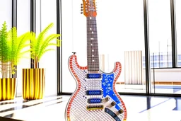 A lovely clear transparent resin guitar with forget-me-not design in a modern room in sunshine