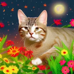 Cat, plants, flowers, summer, woodlands, lively, calming, cosmic, stars, nebula