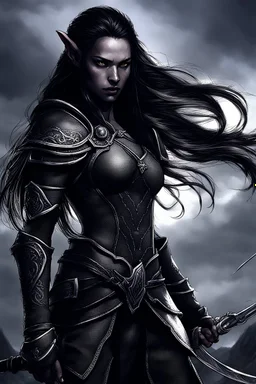 SA female elf with skin the color of storm clouds, deep grey, stands ready for battle. Her long black hair flows behind her like a shadow, while her eyes gleam with a fierce silver light. Despite the grim set of her mouth, there's a undeniable beauty in her fierce countenance. She's been in a fight, evidenced by the ragged state of her leather armor and the red cape that's seen better days, edges frayed and torn. In her hands, she grips two daggers, add dark shadow mystic purple flames