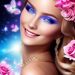 Full body Princess, sexy woman blondie, make up, beautiful smiling face,blue eyes, beautiful place,amazing, flowers, colors, blue and pink butterfly, realistic, photo real, stars night, detailed, high contrast, 8k high definition, unreal engine 5, extremely sharp detail, light effect, light background