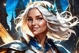 Highly detailed portrait of a beautifull fairy,smiling face with a wavy silver hair, blue eyes,light skin, wizard crown, cosmic robes, cinematic lighting, dramatic atmosphere, by greg tocchini, greg rutkowski, 4k resolution, nier:automata inspired, bravely default inspired, magical fairy background, wide canopies dominate the landscape,