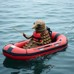 a Dalek in a rubber raft and wearing a PFD