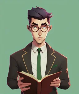 Fit man in round glasses with bookshelf in background,no beard, reading book, slim, tie, monotone, green eyes, comic book style, two tone colours, detailed, ink, realistic, handsome, square jaw, big brows, no jacket