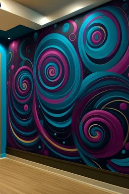 Craft handpainted wall mural by mesmerizing spirals using circles, creating an optical illusion effect. Play with contrasting colors for a dynamic and captivating mural. Color Palette: Deep blue, mesmerizing magenta, cosmic teal, hypnotic gold.