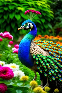 A jubilant peacock displaying its vibrant plumage in a lush garden filled with exotic flowers.