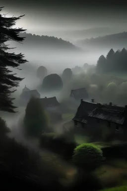 a panoramic view of Ravenbrook, a small, rustic village nestled amidst a misty forest. Use dark, muted colors to create a sense of mystery and seclusion. Focus on the mist swirling around the trees, hinting at the village's superstitious nature.